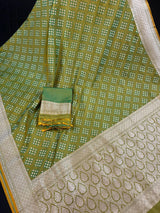 Statement Mehandi Green Saree with Dual Shade of Green in soft Banarasi Silk with Banarasi Border and Pallu with Kadhua Tanchoi Weave - Kaash