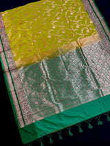 Statement Mehendi Green and Bottle Green Color Semi Pure Banarasi Mashru Silk Sareewith Copper Zari Weave - Kaash