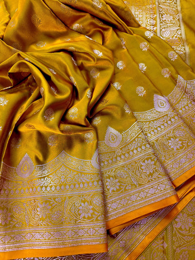 Statement Mehendi Green Banarasi Mashru Silk Saree with Muted Gold Zari Weave - Kaash