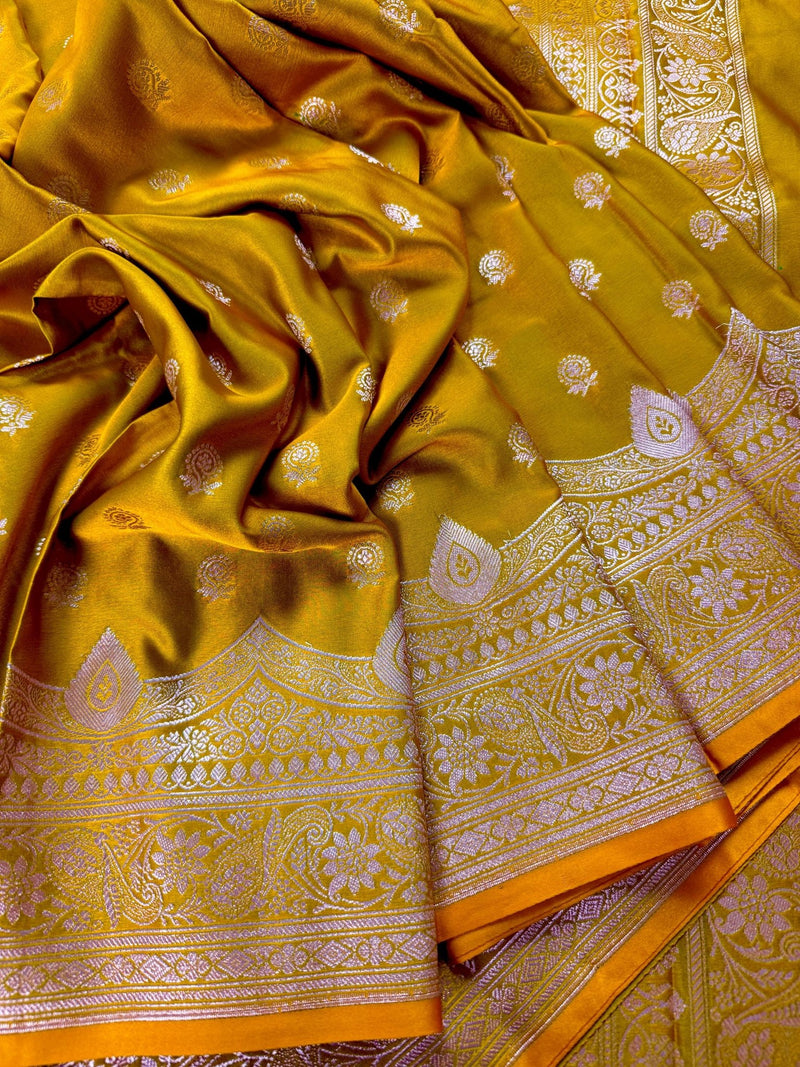 Statement Mehendi Green Banarasi Mashru Silk Saree with Muted Gold Zari Weave - Kaash