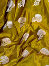 Mehendi Green Banarasi saree in banarasi semi pure mashru with muted gold zari weaving on mashru — Kaash Collection