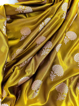 Mehendi Green Banarasi saree in banarasi semi pure mashru with muted gold zari weaving on mashru — Kaash Collection