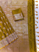 Mehendi Green Banarasi saree in banarasi semi pure mashru with muted gold zari weaving on mashru — Kaash Collection