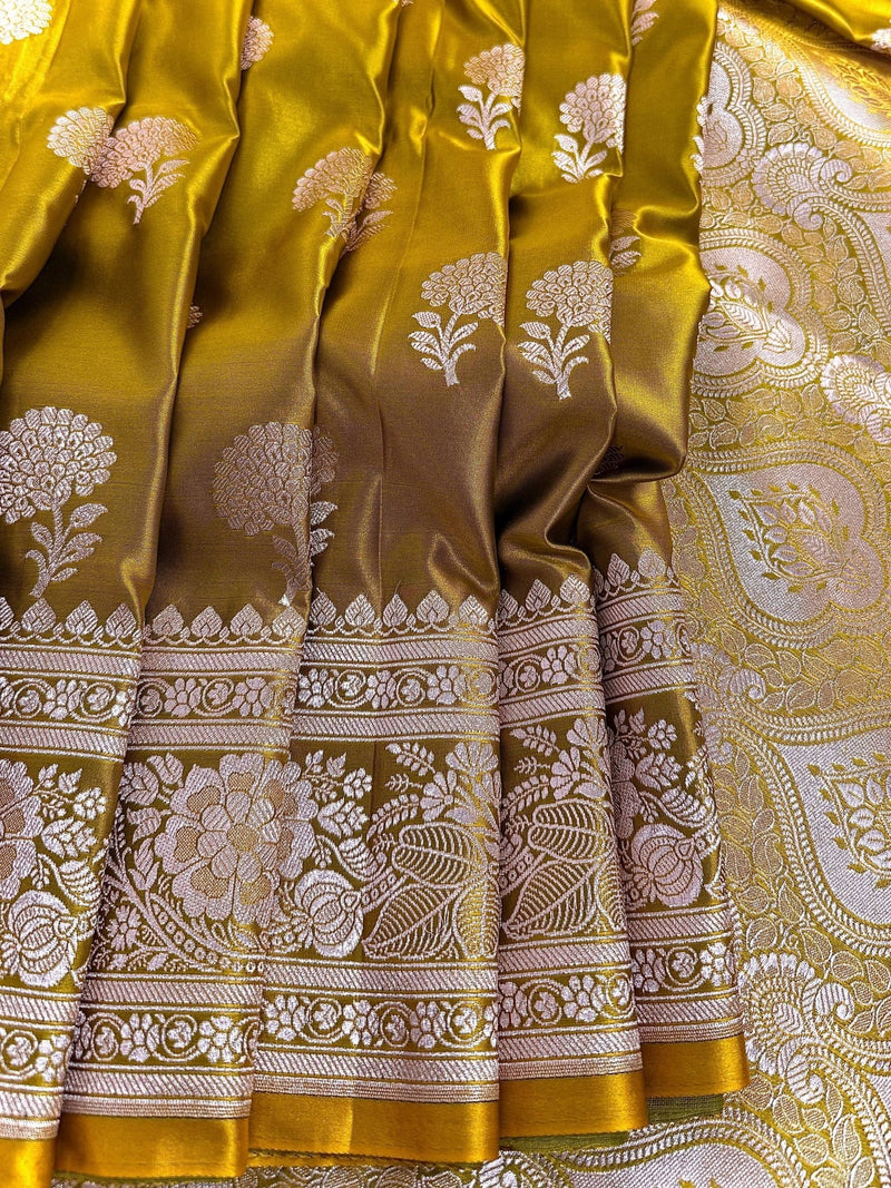 Mehendi Green Banarasi saree in banarasi semi pure mashru with muted gold zari weaving on mashru — Kaash Collection