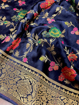 Silk Mark Certified Midnight Blue Pure Satin Silk Tanchoi saree in pure satin silk with handwoven tanchoi with floral meenakari jaal — Kaash Collection