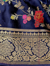 Silk Mark Certified Midnight Blue Pure Satin Silk Tanchoi saree in pure satin silk with handwoven tanchoi with floral meenakari jaal — Kaash Collection
