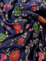 Silk Mark Certified Midnight Blue Pure Satin Silk Tanchoi saree in pure satin silk with handwoven tanchoi with floral meenakari jaal — Kaash Collection