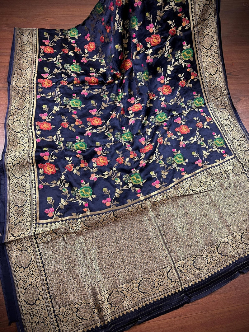 Silk Mark Certified Midnight Blue Pure Satin Silk Tanchoi saree in pure satin silk with handwoven tanchoi with floral meenakari jaal — Kaash Collection