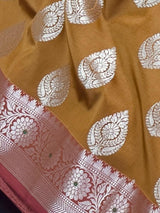 Mud Gold with Pink Blouse Banarasi saree in banarasi semi katan silk with meenakari with mud gold zari — Kaash Collection