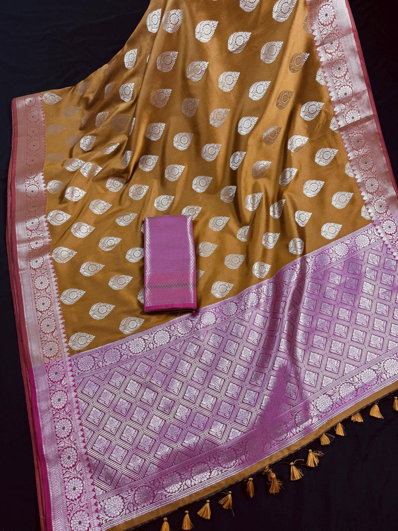 Mud Gold with Pink Blouse Banarasi saree in banarasi semi katan silk with meenakari with mud gold zari — Kaash Collection