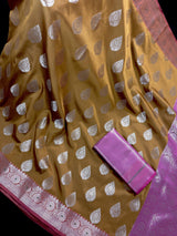 Mud Gold with Pink Blouse Banarasi saree in banarasi semi katan silk with meenakari with mud gold zari — Kaash Collection