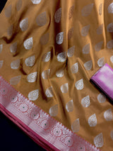 Mud Gold with Pink Blouse Banarasi saree in banarasi semi katan silk with meenakari with mud gold zari — Kaash Collection