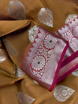 Mud Gold with Pink Blouse Banarasi saree in banarasi semi katan silk with meenakari with mud gold zari — Kaash Collection