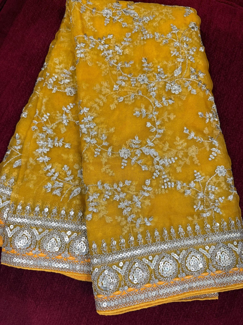 Mustard Yellow soft organza silk dupatta with muted gold zari, embroidery & sequin — Kaash Collection