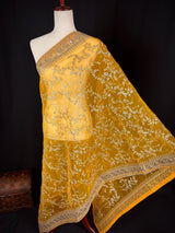 Mustard Yellow soft organza silk dupatta with muted gold zari, embroidery & sequin — Kaash Collection