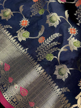 Navy Blue Banarasi saree in banarasi semi katan silk with meenakari floral jaal — Kaash Collection