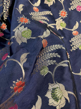 Navy Blue Banarasi saree in banarasi semi katan silk with meenakari floral jaal — Kaash Collection