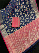 Navy Blue Banarasi saree in banarasi semi katan silk with meenakari floral jaal — Kaash Collection