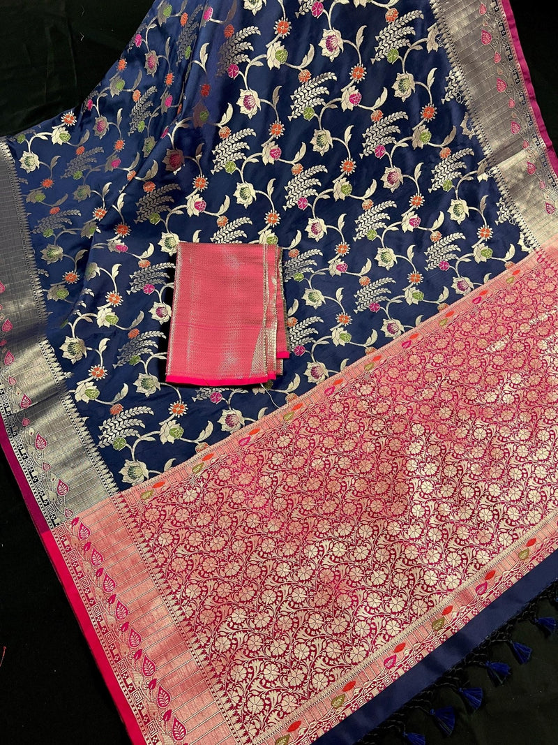 Navy Blue Banarasi saree in banarasi semi katan silk with meenakari floral jaal — Kaash Collection