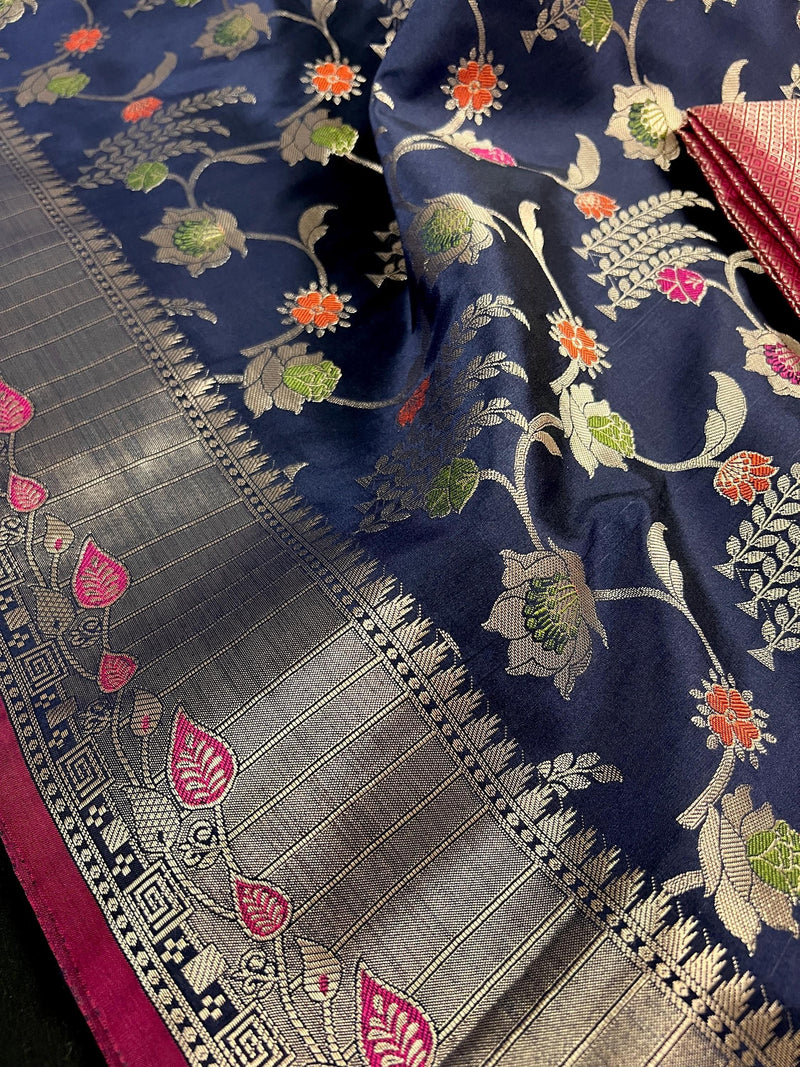 Statement Navy Blue Color Banarasi Semi Katan Silk Saree with Meenakari Floral Jaal - Kaash