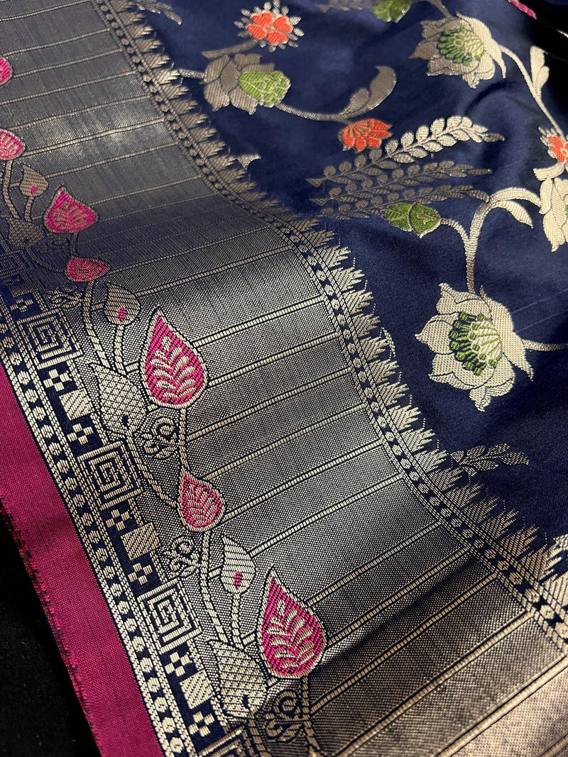Statement Navy Blue Color Banarasi Semi Katan Silk Saree with Meenakari Floral Jaal - Kaash