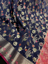 Statement Navy Blue Color Banarasi Semi Katan Silk Saree with Meenakari Floral Jaal - Kaash