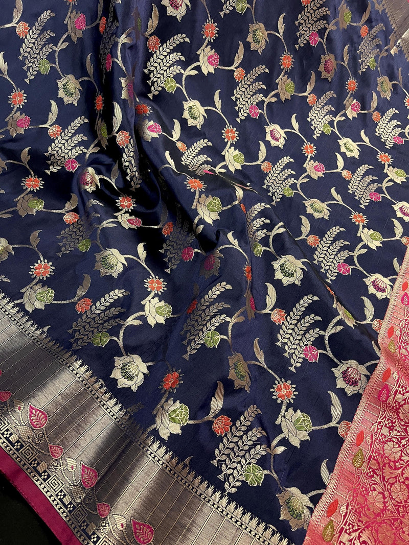 Statement Navy Blue Color Banarasi Semi Katan Silk Saree with Meenakari Floral Jaal - Kaash