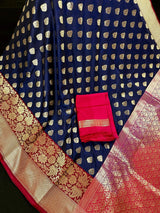Statement Navy Blue Soft Banarasi Silk Handloom Saree - Banarasi Silk Wedding Sarees - Kaash