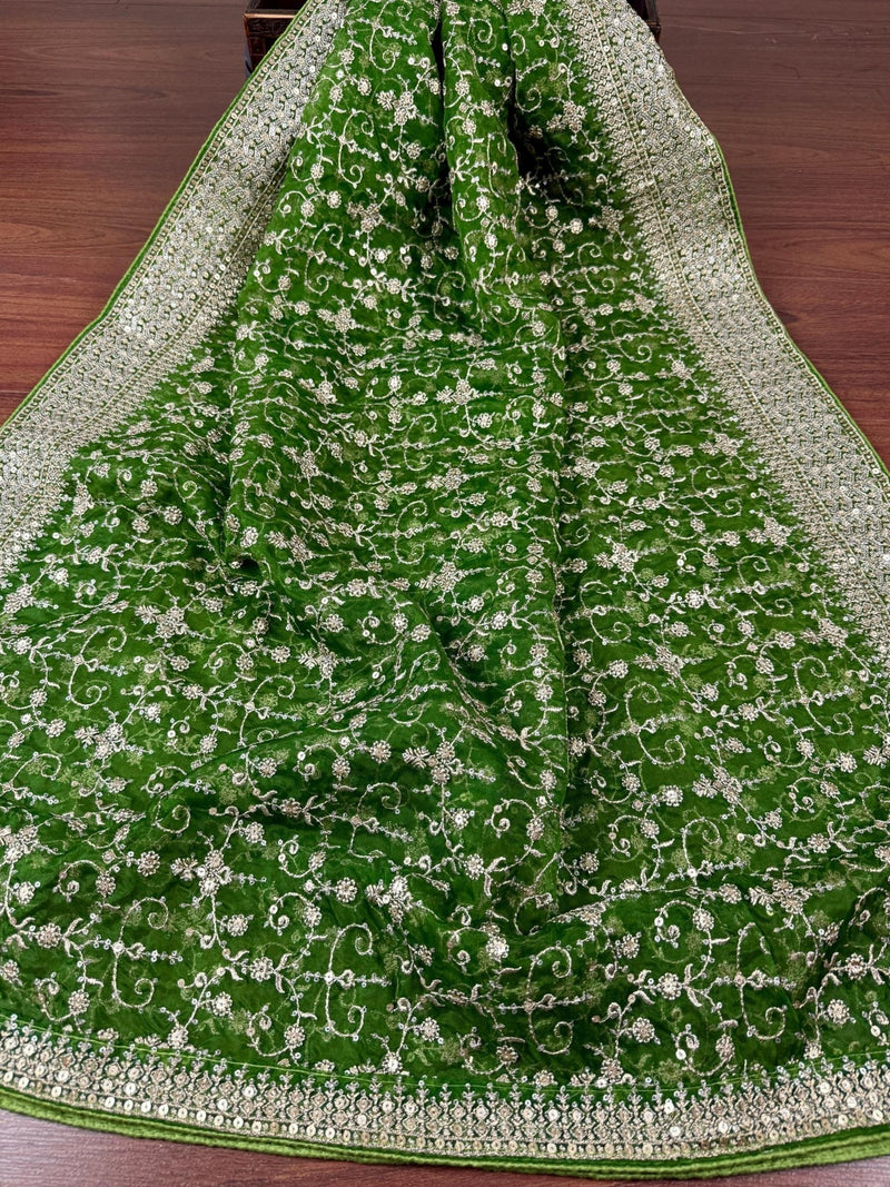 Parrot Green soft organza silk dupatta with muted gold zari, embroidery & sequin jaal — Kaash Collection