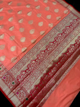 Statement Peach Banarasi Semi Katan Silk Saree - Kaash