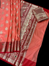 Statement Peach Banarasi Semi Katan Silk Saree - Kaash