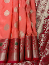 Statement Peach Banarasi Semi Katan Silk Saree - Kaash