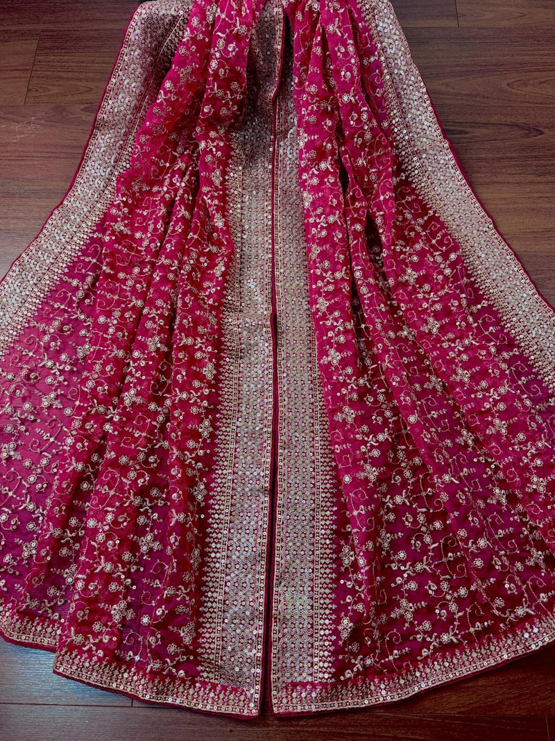 Pink soft organza silk dupatta with muted gold zari, embroidery & sequin jaal — Kaash Collection