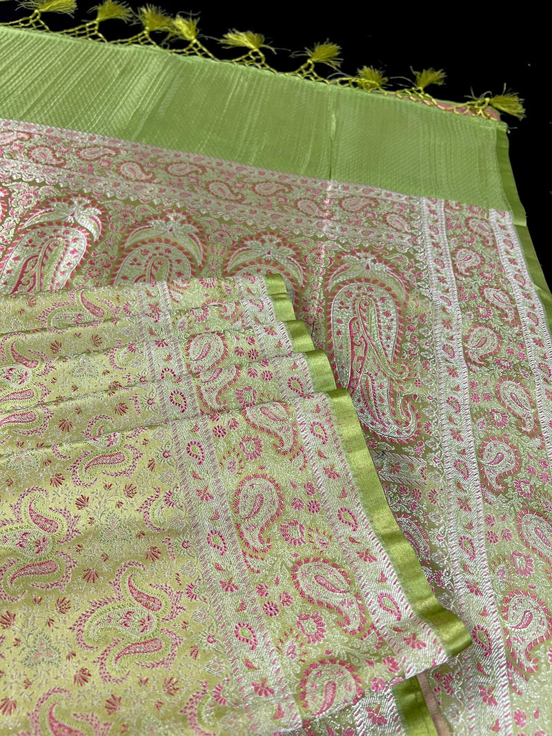 Statement Pista Green Color Pure Banarasi Satin Silk Tanchoi with Jamawar Handwoven Saree | Silk Mark Certified - Kaash