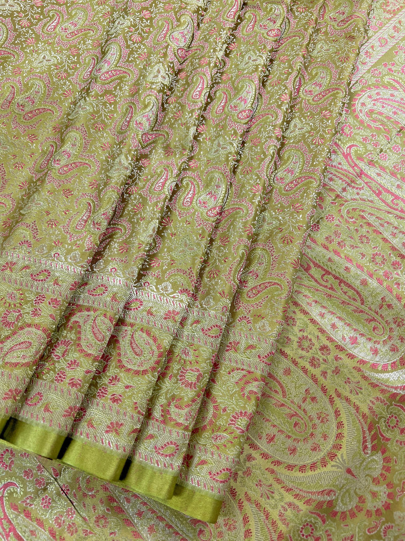 Statement Pista Green Color Pure Banarasi Satin Silk Tanchoi with Jamawar Handwoven Saree | Silk Mark Certified - Kaash