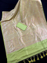 Statement Pista Green Color Pure Banarasi Satin Silk Tanchoi with Jamawar Handwoven Saree | Silk Mark Certified - Kaash