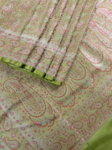 Statement Pista Green Color Pure Banarasi Satin Silk Tanchoi with Jamawar Handwoven Saree | Silk Mark Certified - Kaash