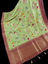 Pista Green Butter Soft Viscose Silk saree in butter soft viscose silk with floral digital print with wine pallu — Kaash Collection