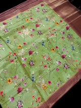 Pista Green Butter Soft Viscose Silk saree in butter soft viscose silk with floral digital print with wine pallu — Kaash Collection