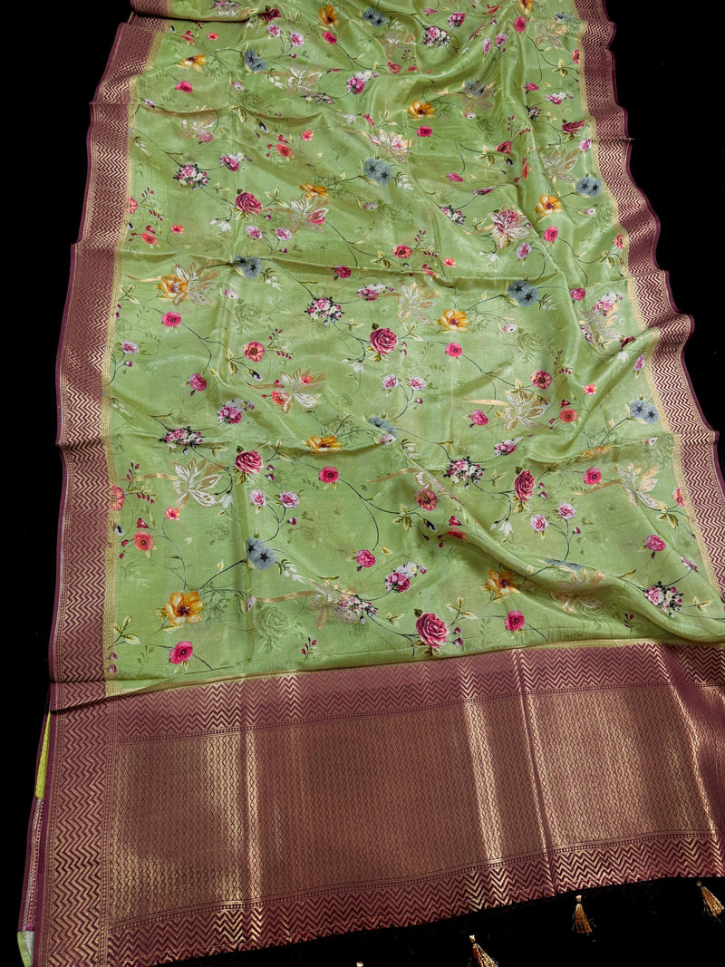 Statement Pista Green Color Saree in Butter Soft Viscose Silk with Floral Digital Print with Weaving - Kaash