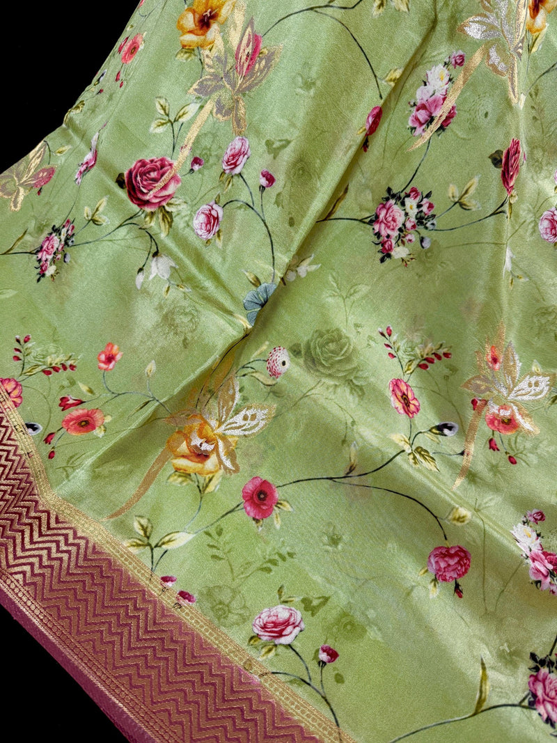 Statement Pista Green Color Saree in Butter Soft Viscose Silk with Floral Digital Print with Weaving - Kaash