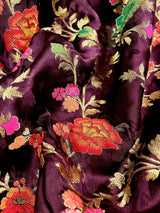 Statement Plum Color Pure Satin Silk Saree with Handwoven Floral Meenakari Floral Jaal Weave - Kaash