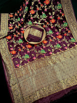 Statement Plum Color Pure Satin Silk Saree with Handwoven Floral Meenakari Floral Jaal Weave - Kaash