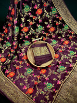 Statement Plum Color Pure Satin Silk Saree with Handwoven Floral Meenakari Floral Jaal Weave - Kaash