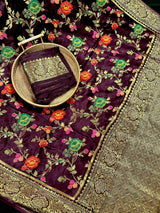 Statement Plum Color Pure Satin Silk Saree with Handwoven Floral Meenakari Floral Jaal Weave - Kaash