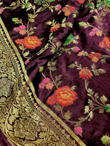 Statement Plum Color Pure Satin Silk Saree with Handwoven Floral Meenakari Floral Jaal Weave - Kaash