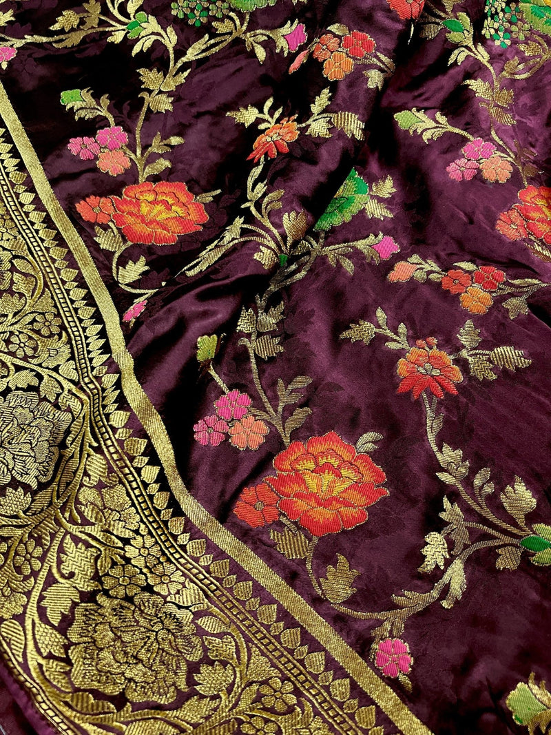 Statement Plum Color Pure Satin Silk Saree with Handwoven Floral Meenakari Floral Jaal Weave - Kaash