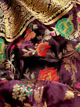 Statement Plum Color Pure Satin Silk Saree with Handwoven Floral Meenakari Floral Jaal Weave - Kaash