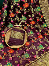 Statement Plum Color Pure Satin Silk Saree with Handwoven Floral Meenakari Floral Jaal Weave - Kaash