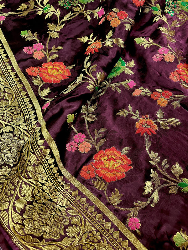 Statement Plum Color Pure Satin Silk Saree with Handwoven Floral Meenakari Floral Jaal Weave | Silk Mark Certified | Satin Silk Sarees - Kaash